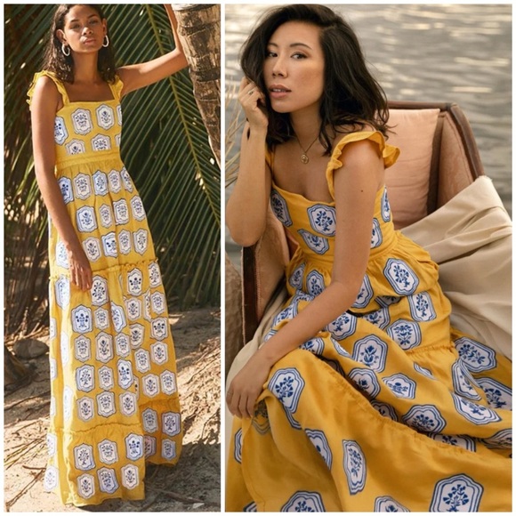 Agua by Agua Bendita Dresses & Skirts - Agua by Agua Bendita Herbarium Riviera Linen Floral Panel Maxi Dress SZ S